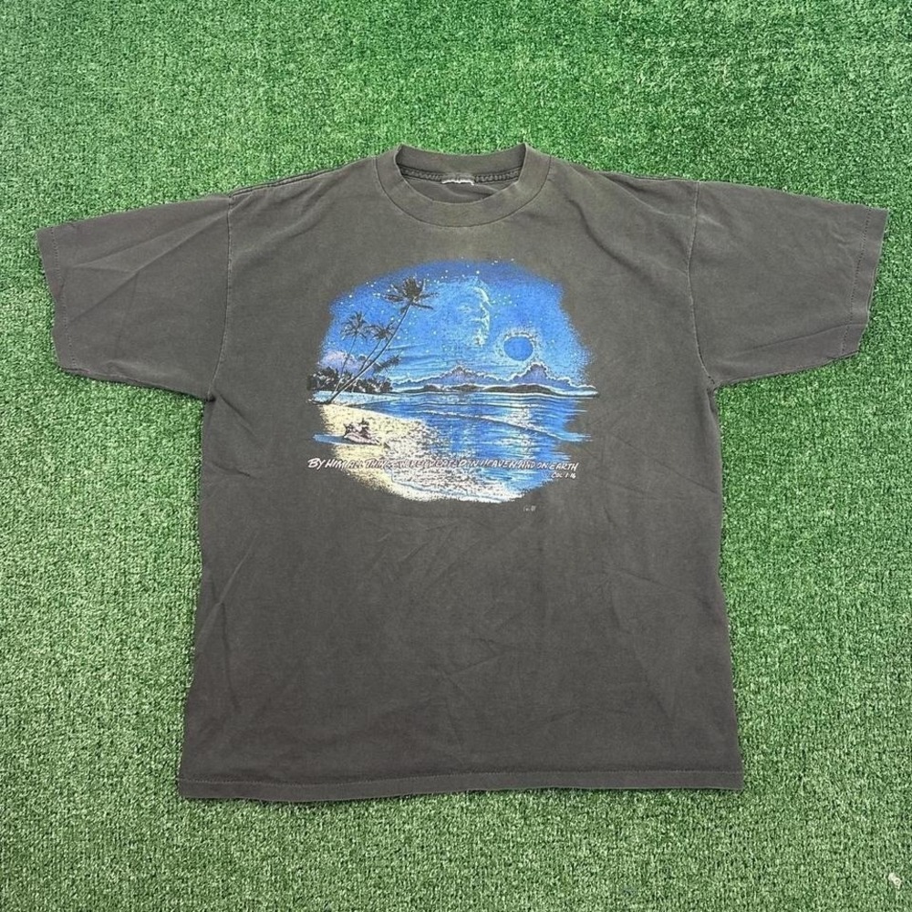 Faded black tropical night surf graphic t-shirt chill beach, moonlit ocean scene